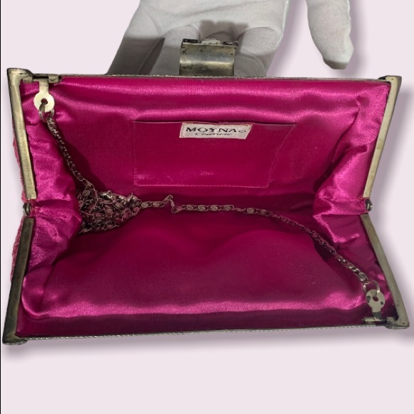 🔥NEW 100% AUTHENTIC MOYNA COUTURE Pink Silk & Mother Of Pearl Crossbody/Clutch - Picture 4 of 6